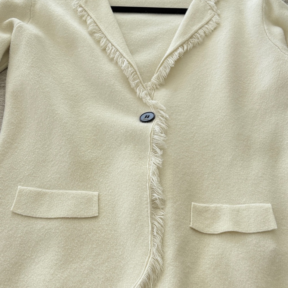 Elegant Cream Fringed Knit Blazer - Picture 7 of 11